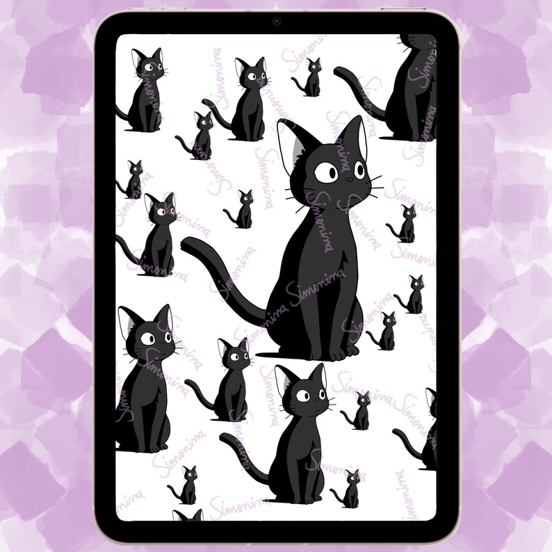 May include: A digital illustration of a black cat with white eyes on a white background. The cat is repeated in a pattern across the image.