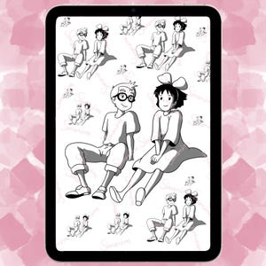 May include: Black and white illustration of a couple sitting together. The woman is wearing a dress and has her hair in a ponytail. The man is wearing a shirt and pants. The illustration is repeated in a tiled pattern.