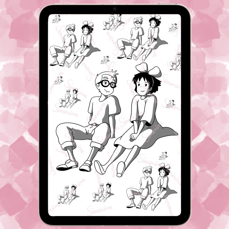 May include: Black and white illustration of a couple sitting together. The woman is wearing a dress and has her hair in a ponytail. The man is wearing a shirt and pants. The illustration is repeated in a tiled pattern.