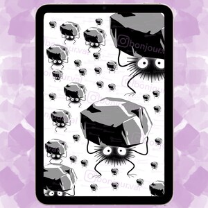 May include: A white background with a repeating pattern of black and white soot sprites carrying rocks. The soot sprites have large eyes and are fuzzy. The text "bonjour.our.voyage" appears in the image.