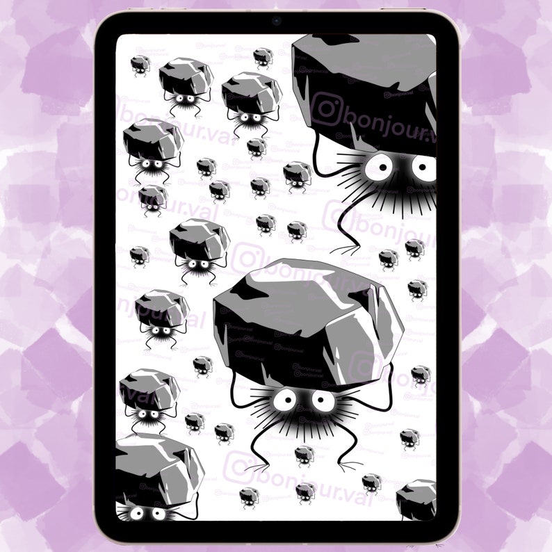 May include: A white background with a repeating pattern of black and white soot sprites carrying rocks. The soot sprites have large eyes and are fuzzy. The text "bonjour.our.voyage" appears in the image.