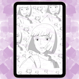 May include: A black and white line drawing of a young woman with short hair. The image is repeated in a pattern.