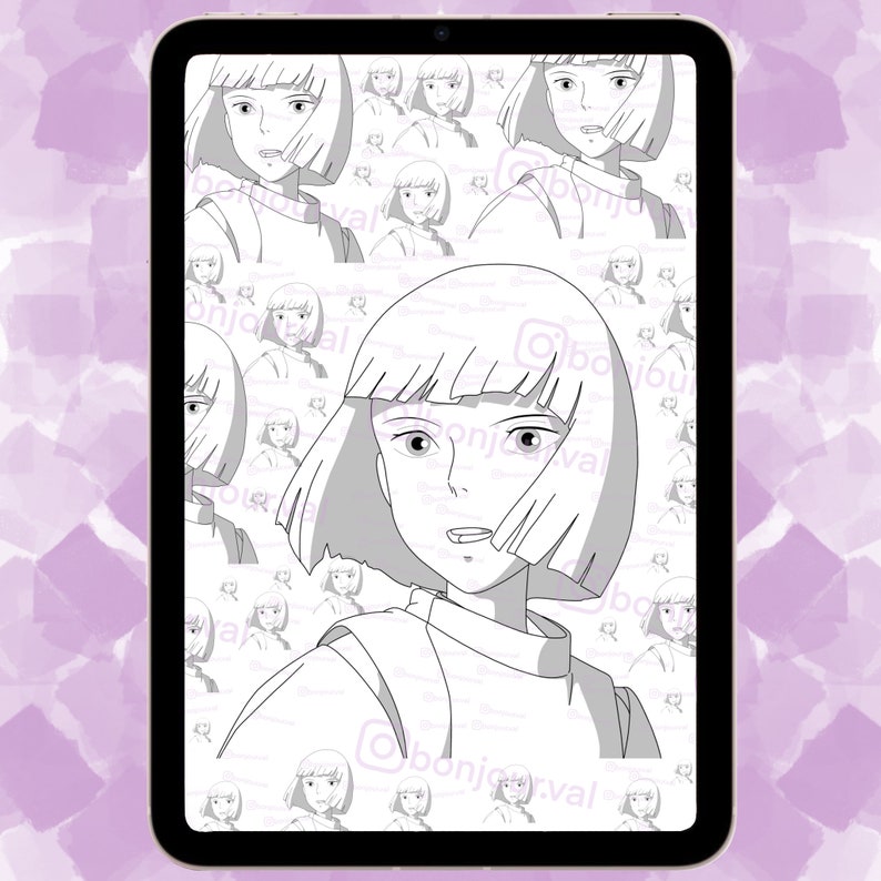 May include: A black and white line drawing of a young woman with short hair. The image is repeated in a pattern.