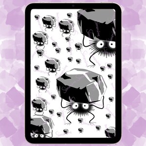 May include: A white background with a repeating pattern of black and gray soot sprites carrying gray rocks. The soot sprites have large eyes and are fuzzy.