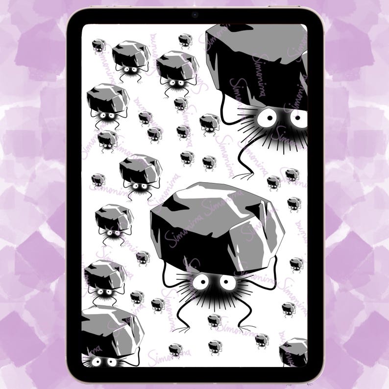 May include: A white background with a repeating pattern of black and gray soot sprites carrying gray rocks. The soot sprites have large eyes and are fuzzy.