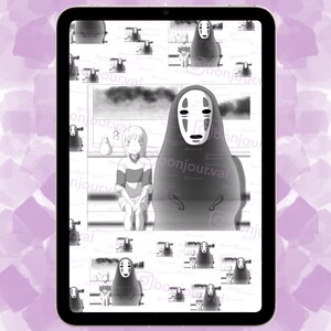 May include: A black and white digital illustration of a character from the animated film Spirited Away. The character is a large, faceless spirit with a white mask and a body that resembles a human. The character is standing next to a young girl with short, dark hair. The image is repeated in a tiled pattern.
