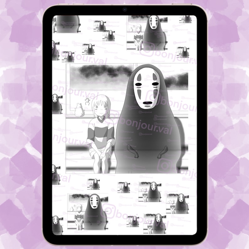 May include: A black and white digital illustration of a character from the animated film Spirited Away. The character is a large, faceless spirit with a white mask and a body that resembles a human. The character is standing next to a young girl with short, dark hair. The image is repeated in a tiled pattern.
