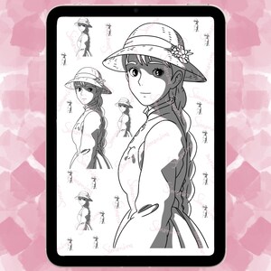 May include: Black and white line art illustration of a woman with long hair wearing a hat and dress. The woman is looking to the side. The image is repeated in a pattern on a white background.