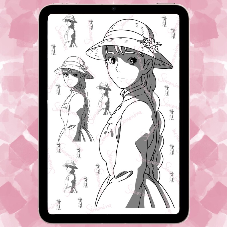 May include: Black and white line art illustration of a woman with long hair wearing a hat and dress. The woman is looking to the side. The image is repeated in a pattern on a white background.