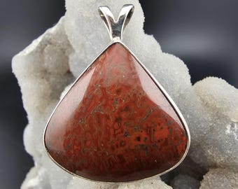 Large Red Dinosaur Bone Fossil Gemstone Handmade Sterling Silver Pendant Jewelry
