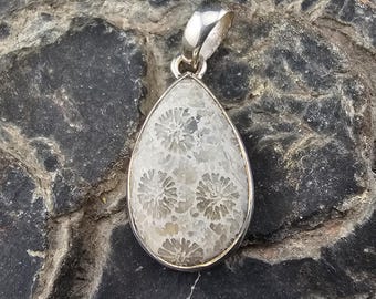 Handmade echte Fossil Korallen Edelstein Sterling Silber Anhänger