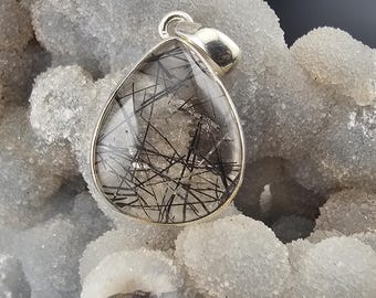 Schwarz Rutilquarz Edelstein Handmade Sterling Silber Schmuck Anhänger Geschenk