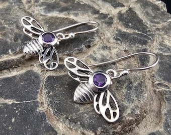 Echte Amethyst Edelstein handgemachte Sterling Silber baumeln Ohrringe