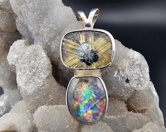 Golden Rutile Quartz and Opal Gemstone Sterling Silver Pendant Handmade Jewelry