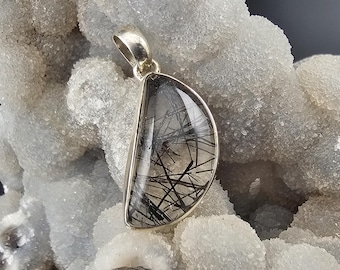 Schwarz Rutilquarz Edelstein Handmade Sterling Silber Schmuck Anhänger Geschenk