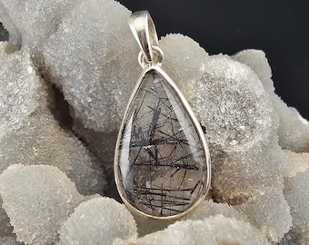 Schwarz Rutilquarz Edelstein Handmade Sterling Silber Schmuck Anhänger Geschenk