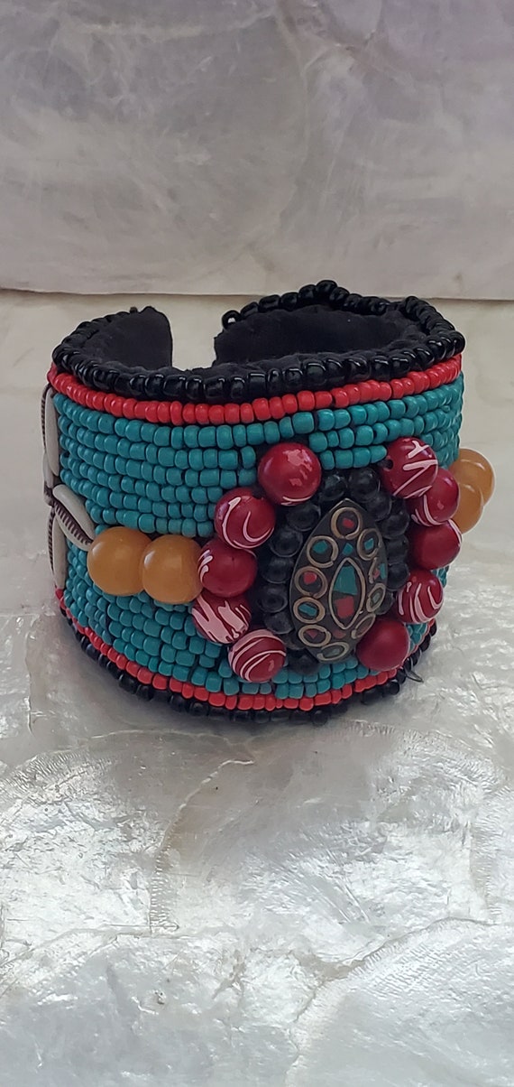 Vintage glass beaded Tibetan cuff in turquoise an… - image 3