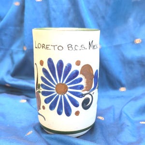 Vintage Loreto Baja Mexico Coffee Mug, Retro Blue Floral Souvenir Tea Cup, Hand Painted Mexican Pottery, Boho Kitchen Decor Gift