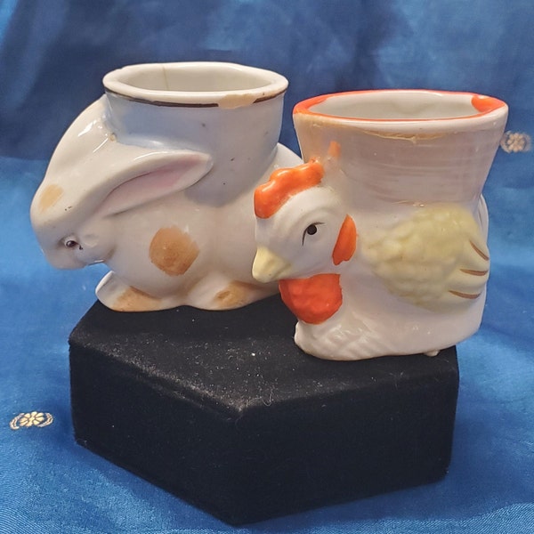 Japanese Lustreware Chicken and Rabbit Egg Cup Pair