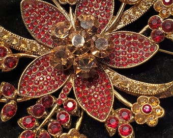 Vintage Gold Tone Floral Brooch, Red Rhinestone Flower Bouquet Pin, Rhinestone Statement Jewelry, Mid Century Costume Brooch Gift for Her