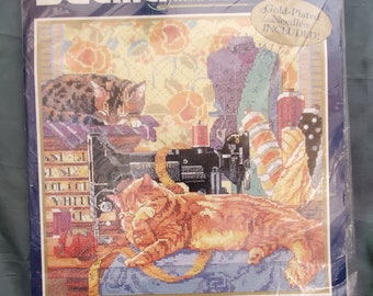 Vintage Bucilla "Cats in the Sewing Room" Counted Cross Stitch Kit #42447 (1999) – Nancy Rossi Kooler Design Studio, New Sealed 12" x 12"