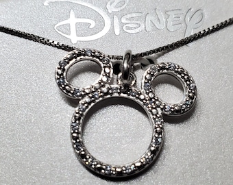 Disney "Never Stop Dreaming" Mickey Mouse Sterling Silver pendant with Cubic Zirconia on an 18inch Sterling Silver Box chain.