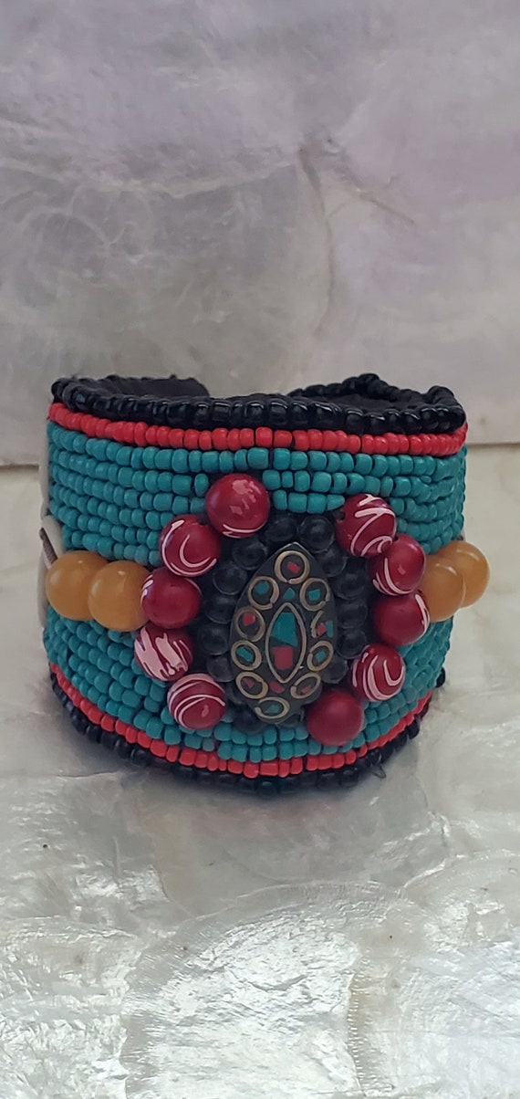 Vintage glass beaded Tibetan cuff in turquoise an… - image 1
