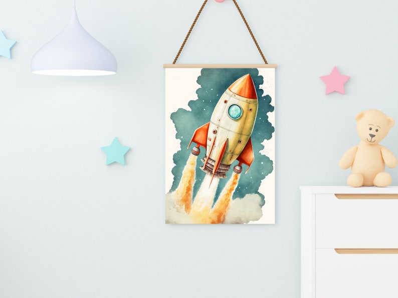 Nursery Rocket Ship Wall Art, Printable Kids Poster, Space & Science