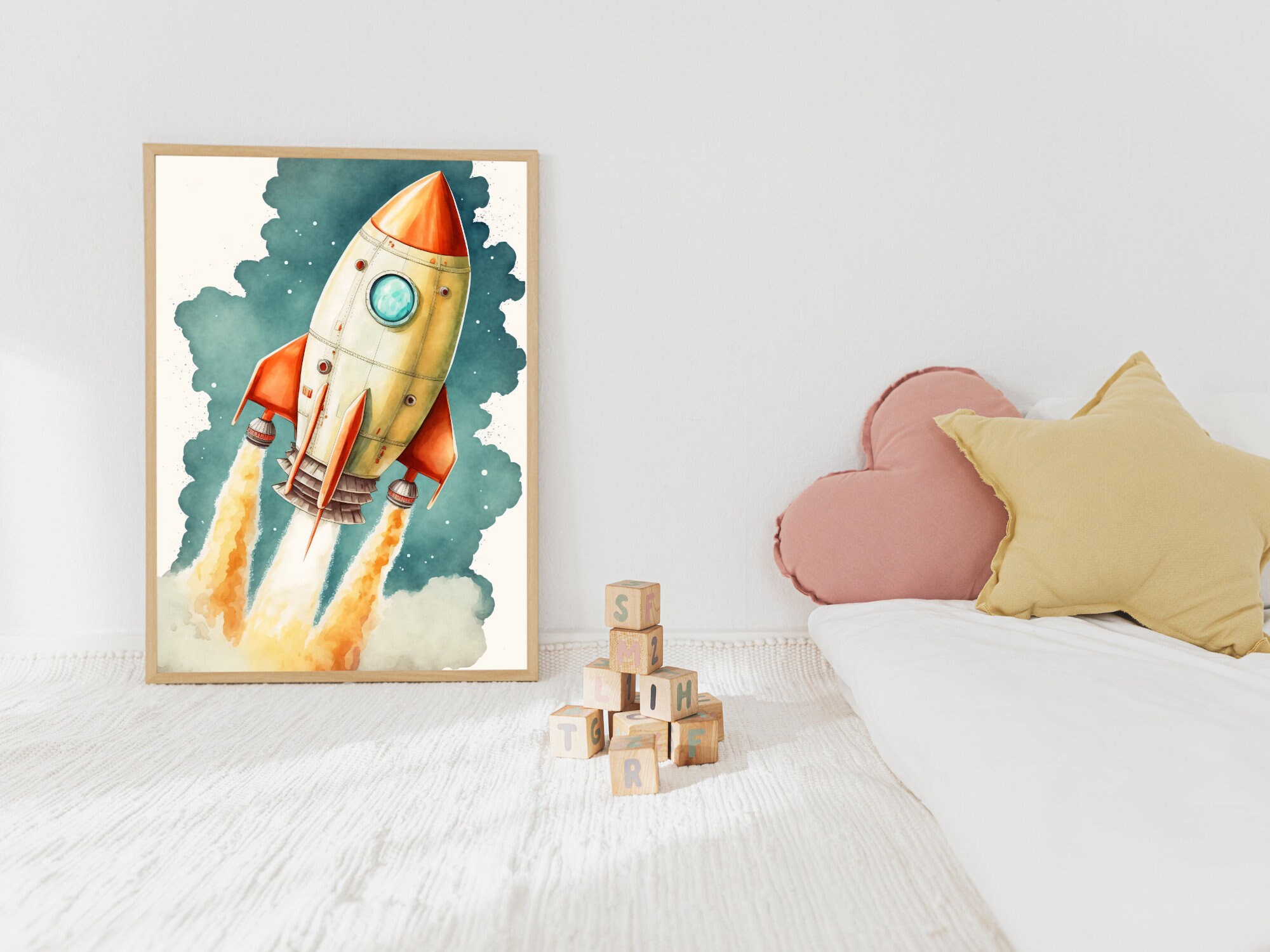 Nursery Rocket Ship Wall Art, Printable Kids Poster, Space & Science