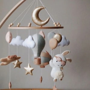 Flying Rabbit Baby Mobile,Hot Air Baloon,Star,Cloud,Handmade,Hand Crafted,Moon,Baby Mobile,Baby Shower Gift,Natural,Mother's Day Gifts