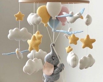 Handmade Baby Mobile, Mom Gift Postpartum, Crib Mobile with Felt Animals, Flying Elephant with Balloons, Elephant Nursery Decor