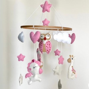 Handmade Pink Owl and Unicorn Baby Mobile, Baby Girls Nursery Decor, Unicorn Baby Mobile, Personalized Baby Mobile, Newborn Baby Gift