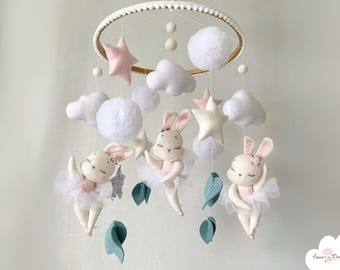 Ballet Bunny Baby Mobile: Felt Rabbit Nursery Decor, Cot Mobile