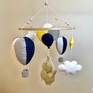 Personalized Handmade Elephant Baby Mobile with Hot Air Balloons, Clouds with Stars Baby Mobile, Nursery Baby Decor, Baby Shower Gift