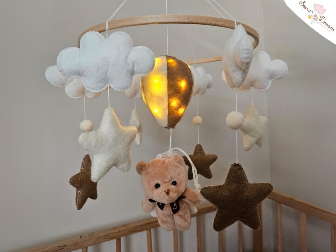 Lighted Teddy Bear Baby Mobile: Felt Hot Air Balloon Crib Mobile - Etsy