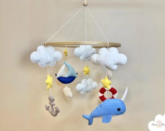 Móvil náutico para bebé hecho a mano: Narval de fieltro, decoración de cuna de velero, móvil para cuna