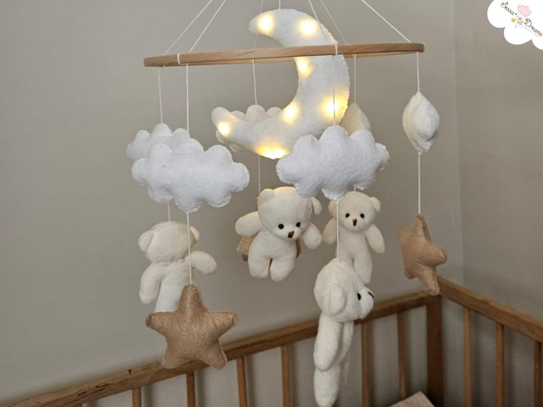 Lighted Teddy Bear Baby Mobile: Handmade Felt Crib Decor, Cot Mobile - Etsy