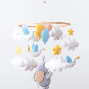 Personalized Handmade Elephant Baby Mobile with Balloons, Gender Neutral Nursery Decor, Flying Elephant Baby Mobile, Baby Shower Gift