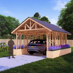 Può includere: Un carport in legno con un tetto grigio offre riparo a un'auto argentata. Il carport ha un design a traliccio ed è circondato da un'aiuola di fiori viola.