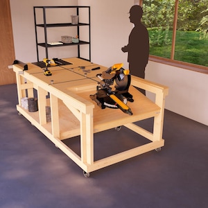 Mobile Workbench Plans with Foldable Saw Area, Ideal for Garage Workshops & DIY Projects, Compact Design with Integrated Miter Saw Station