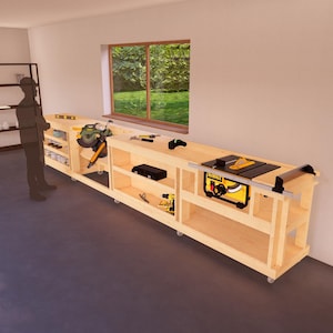 May include: A wooden workbench with shelves and wheels, featuring a table saw and a miter saw. The workbench is made of light wood and has a natural finish. The table saw is a DeWalt brand and is mounted on the workbench. The miter saw is mounted on the side of the workbench.