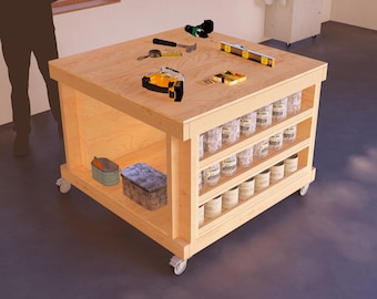 DIY Mobile Garage Workbench with Wood Shelves Modular Plans Expandable Wood Workbench Garage Setup Portable Workbench Plans for Extra Space