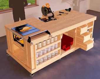 Mobile Table Saw & Miter Saw Workbench Plans DIY Digital Download Beginner, Friendly Save Space Time Digital Download Wood Furniture Plans