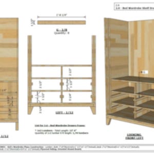 May include: Diagram of a wooden shelf unit with detailed measurements in inches. The shelf unit is made of plywood and has a simple design with a rectangular frame and shelves. The diagram shows the front, side, and looking-down views of the shelf unit.