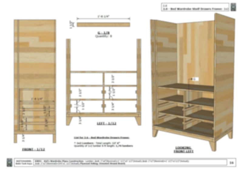 May include: Diagram of a wooden shelf unit with detailed measurements in inches. The shelf unit is made of plywood and has a simple design with a rectangular frame and shelves. The diagram shows the front, side, and looking-down views of the shelf unit.