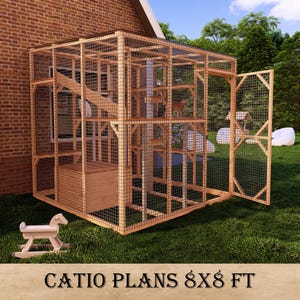 DIY 8x8 ft Catio Plans with Play Area, Scratching Post & Cat Bridge, Outdoor Cat Enclosure, Printable Dual-Unit PDF Files for Easy Assembly