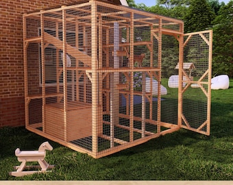 Puede incluir: Un gran recinto para gatos de madera, o "catio", con laterales de malla metálica y una puerta. El catio tiene múltiples niveles, rampas y una pequeña caja de madera. El texto "CATIO PLANS 8x8 FT" está en la parte inferior.