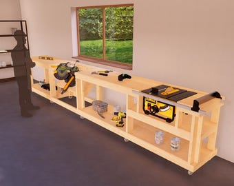May include: A wooden workbench with a table saw, shelves, and various tools. The workbench is on wheels and has a light wood finish.