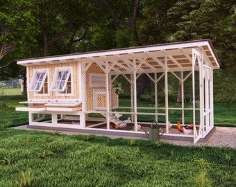 May include: A white wooden chicken coop with a wire mesh enclosure. The coop has two windows and a nesting box. There are chickens inside the enclosure.