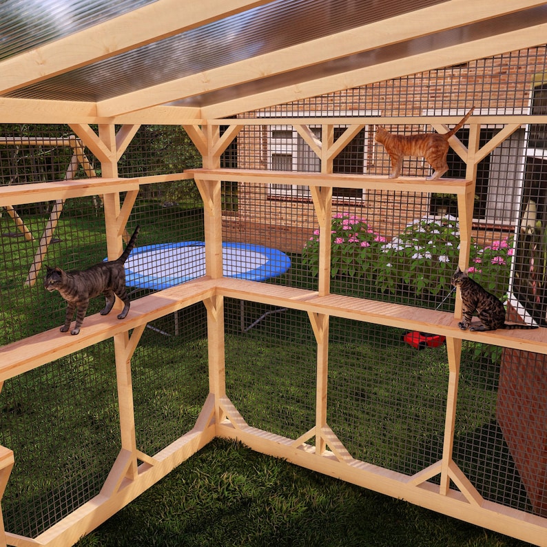DIY Large Cat Patio Plans, Spacious Outdoor Catio Attached to House, Multi-Level Climbing Shelves Secure & Play Fresh Air Enclosure for Cats image 6